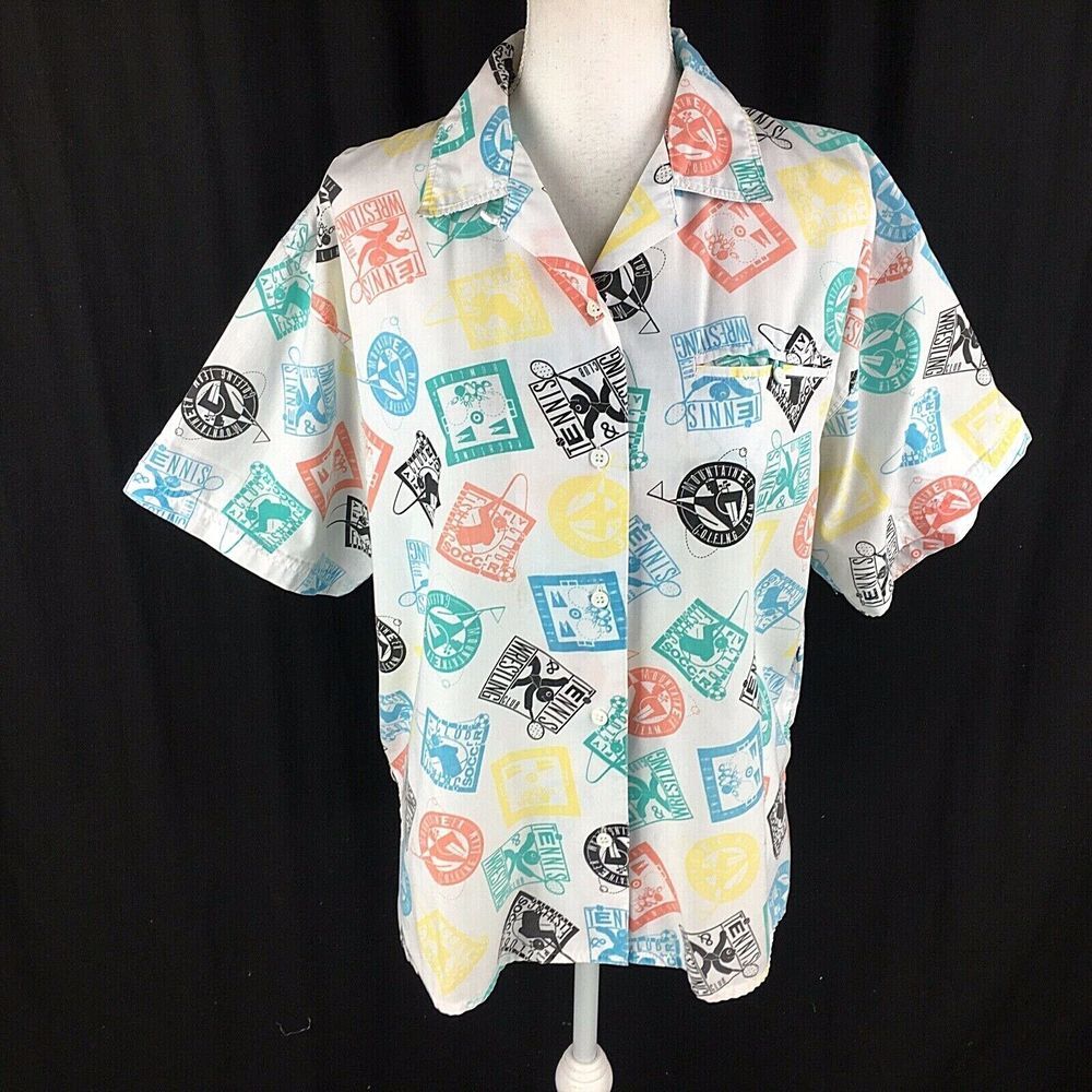 Vtg 80s AOP Loop Collar Stamp Printed Button Blouse 20W Unisex Soccer Wrestling